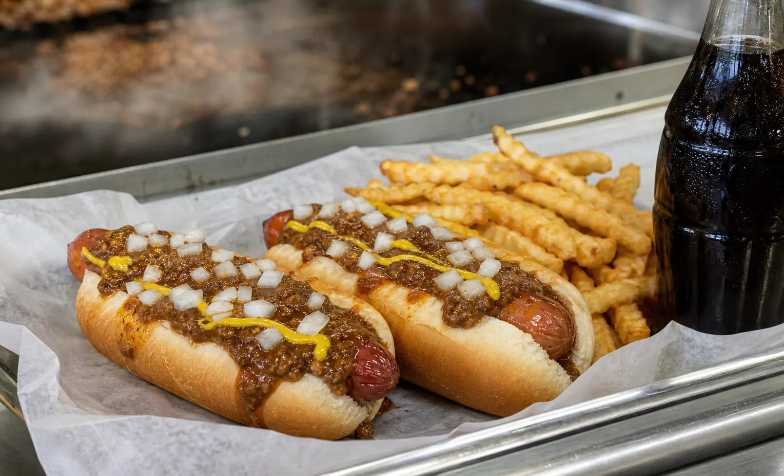 Two chili dogs with fries and a glass bottle soda