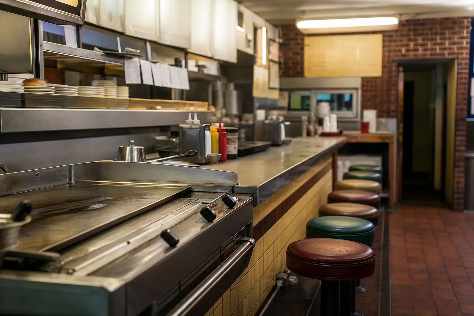 Old-school Southern lunch counter with stools and flat-top grill
