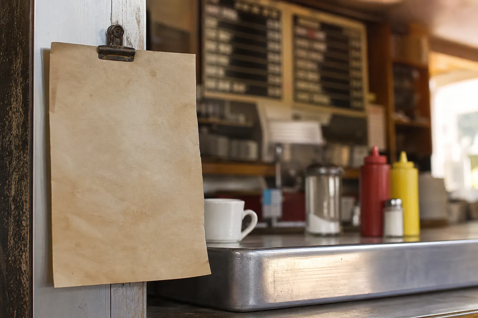 Blank paper notice clipped beside an old lunch counter